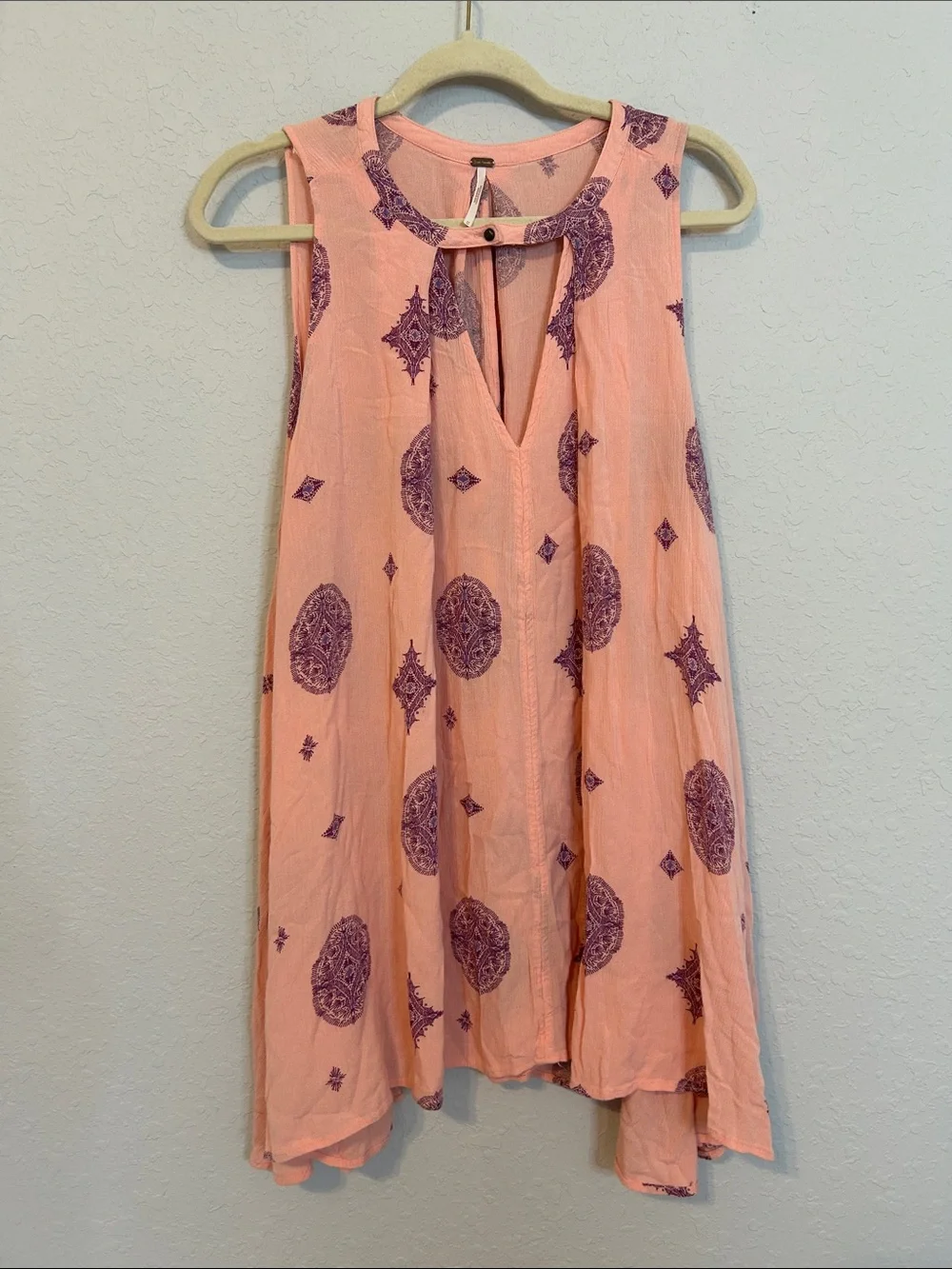 Free People Medallion Print Mini Swing Dress Tunic M Peach  Purple NWOT